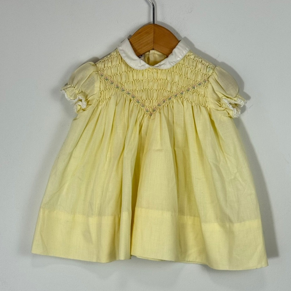 Polly Flinders Vintage Hand Smocked Yellow Infant Dress Peter Pan Collar